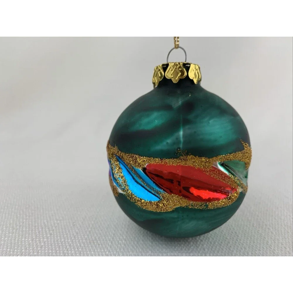 Vintage Hand Painted‎ Indented Ornament - Green Red Gold Blue Purple- Christmas